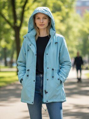 WOMAN WITHIN Blue Hooded Stadium Jacket Removable Fleece Lining M 14 16